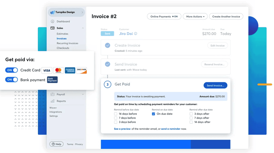 A screenshot of a project management software interface displaying an invoice creation and payment tracking screen, highlighting online payment options and reminders in a business budgeting software.