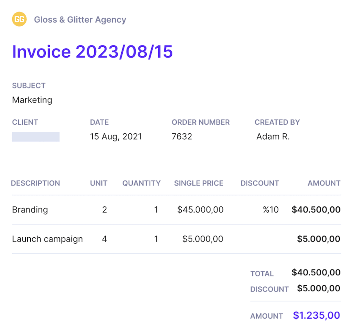 A screenshot of a project management software interface featuring a digital invoice with line items for branding and campaign services, used within a business budgeting software for client billing and expense tracking.