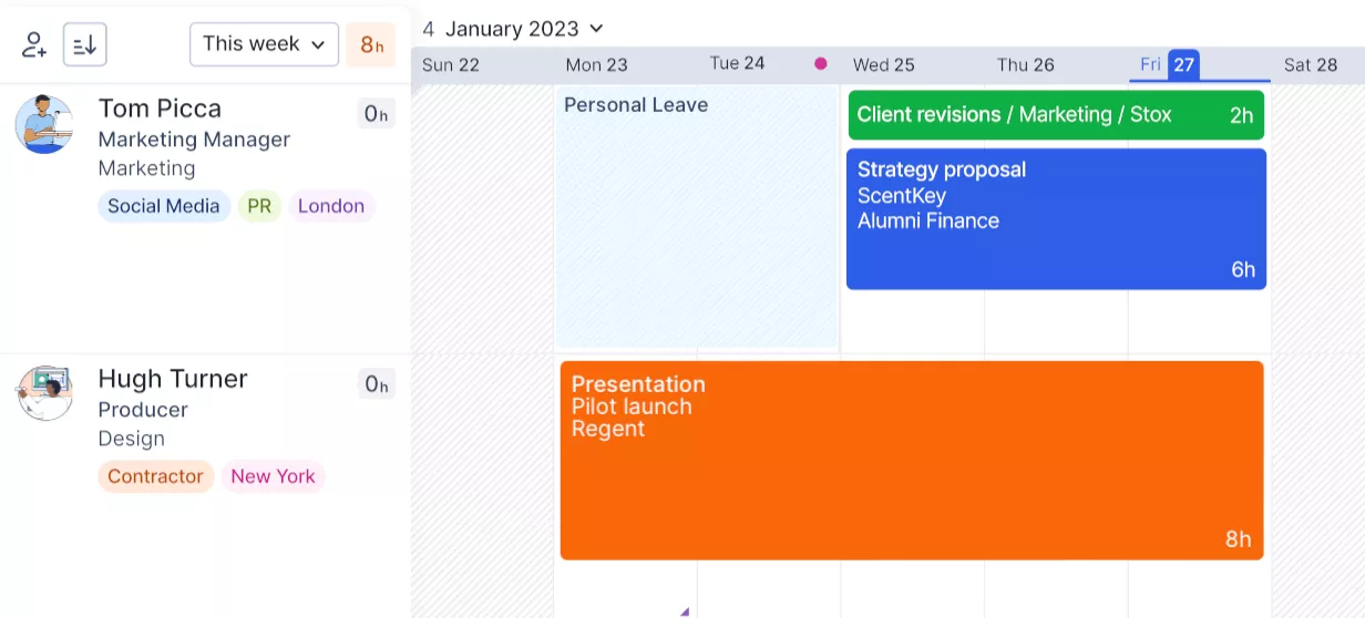 A screenshot of a project management software interface displaying a color-coded calendar view of team tasks and time allocations, useful in business budgeting software for planning resource usage and project timelines.