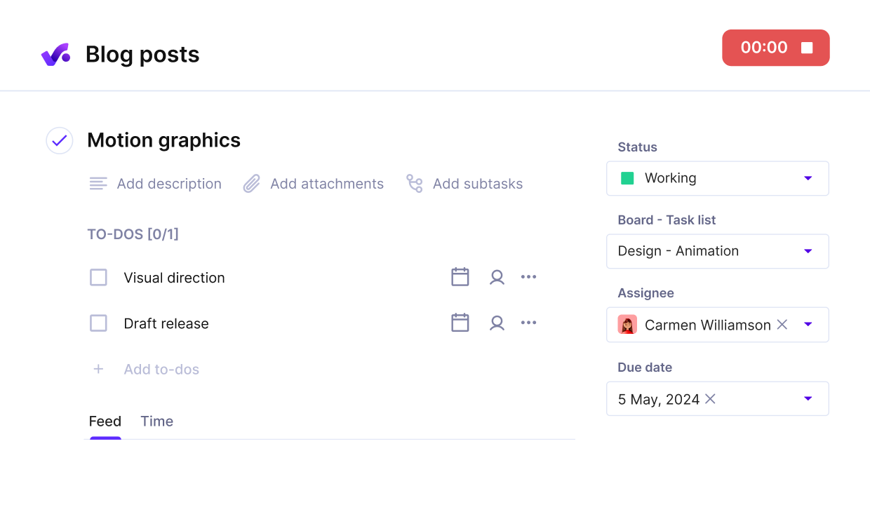 A screenshot of a project management software task view for blog post motion graphics, featuring to-dos, assignee, due date, status, and a live time tracker, ideal for evaluating task management in wrike vs clickup.