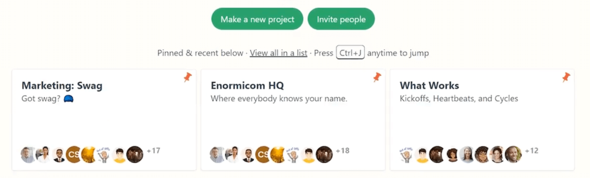 A screenshot of a project management software home screen with pinned project cards, teammate avatars, and project invite buttons, functioning as a clickup alternative.