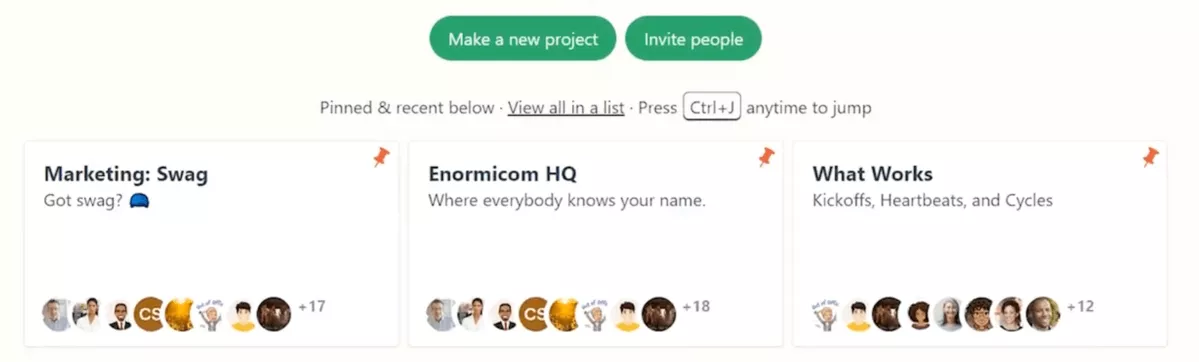A screenshot of a project management software home screen with pinned project cards, teammate avatars, and project invite buttons, functioning as a clickup alternative.