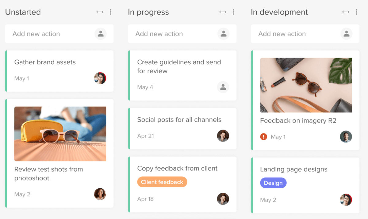 Screenshot of an Airtable alternative depicting a project tracking board segmented into 'Unstarted', 'In progress', and 'In development' columns. Each column contains task cards with due dates, images, and assigned member avatars, offering an organized visual workflow for team projects and activities.
