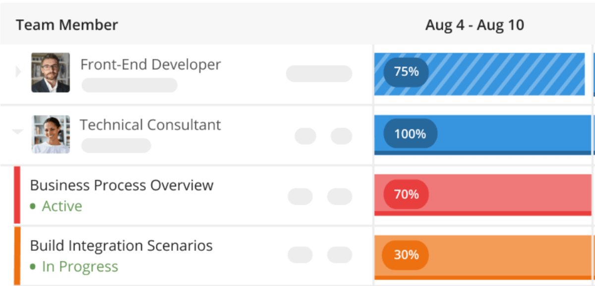 Screenshot of a BigTime alternative software, showing a team member section with progress bars next to roles such as Front-End Developer and Technical Consultant. Adjacent is a timeline indicating various levels of task completion in different colors for active and in-progress assignments.