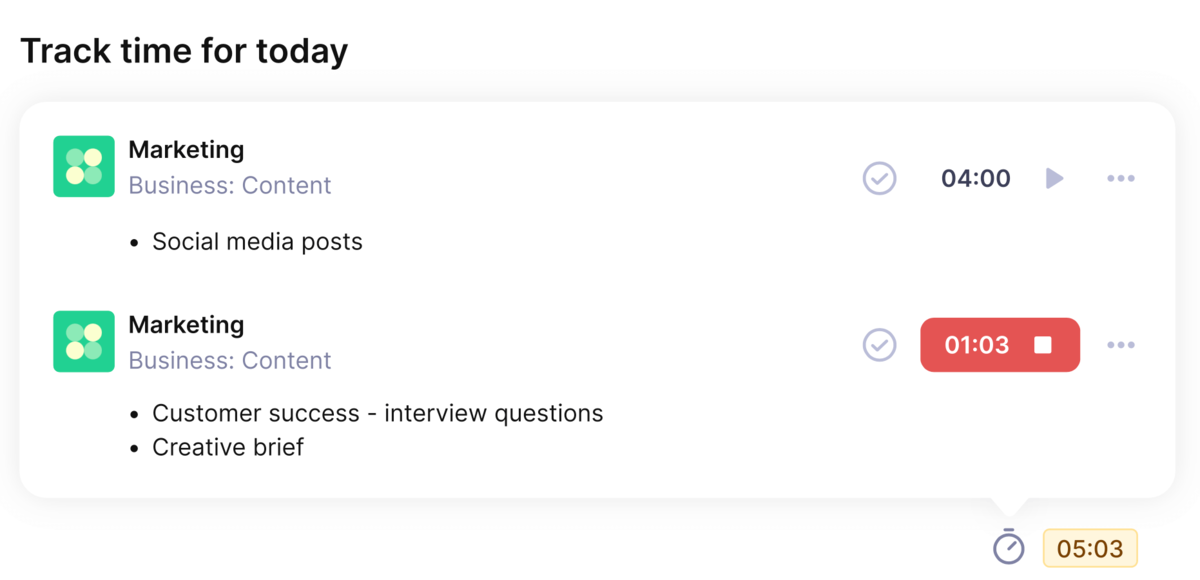 Screenshot of a BigTime alternative time tracking tool displaying 'Track time for today' with two entries under 'Marketing'. The first entry logs time for social media posts, and the second, for interview questions and a creative brief, with timers indicating hours spent on each task
