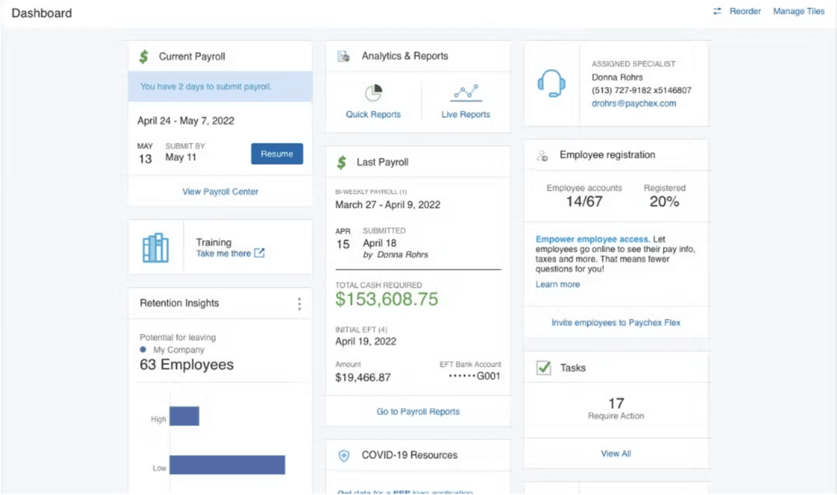 Human resources dashboard of one of the top Replicon alternatives, showing current payroll information, recent payroll details, employee registration stats, and task reminders.
