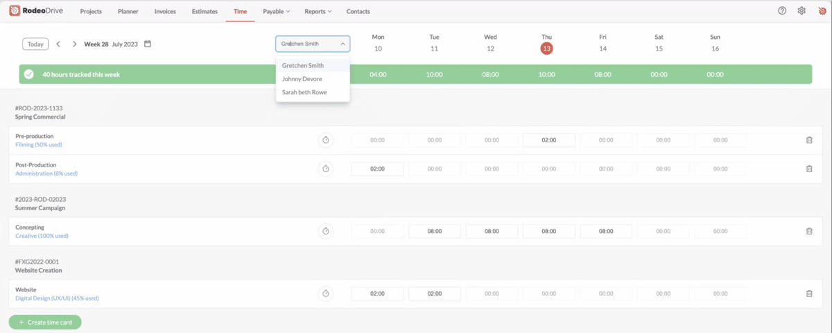 Interface of one of the top Productive.io alternatives, showing a weekly time tracking sheet for team members with hours logged against different projects and tasks.