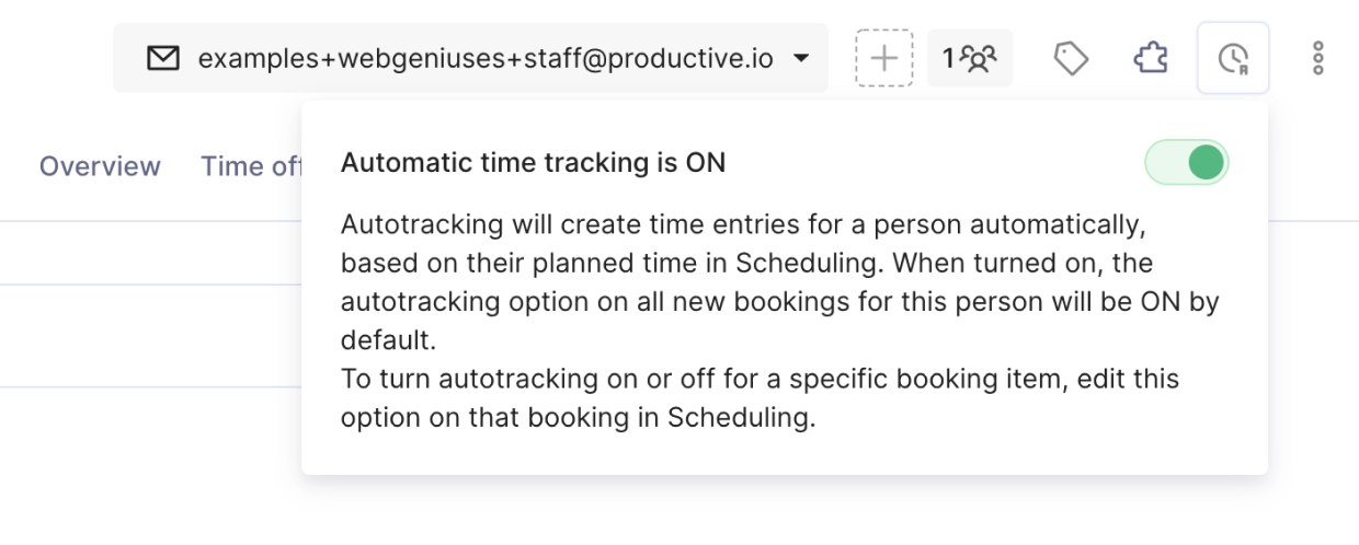 A screenshot of a capacity planning software's settings tab, showing an enabled automatic time tracking feature with an explanation of how it works for scheduling and bookings.