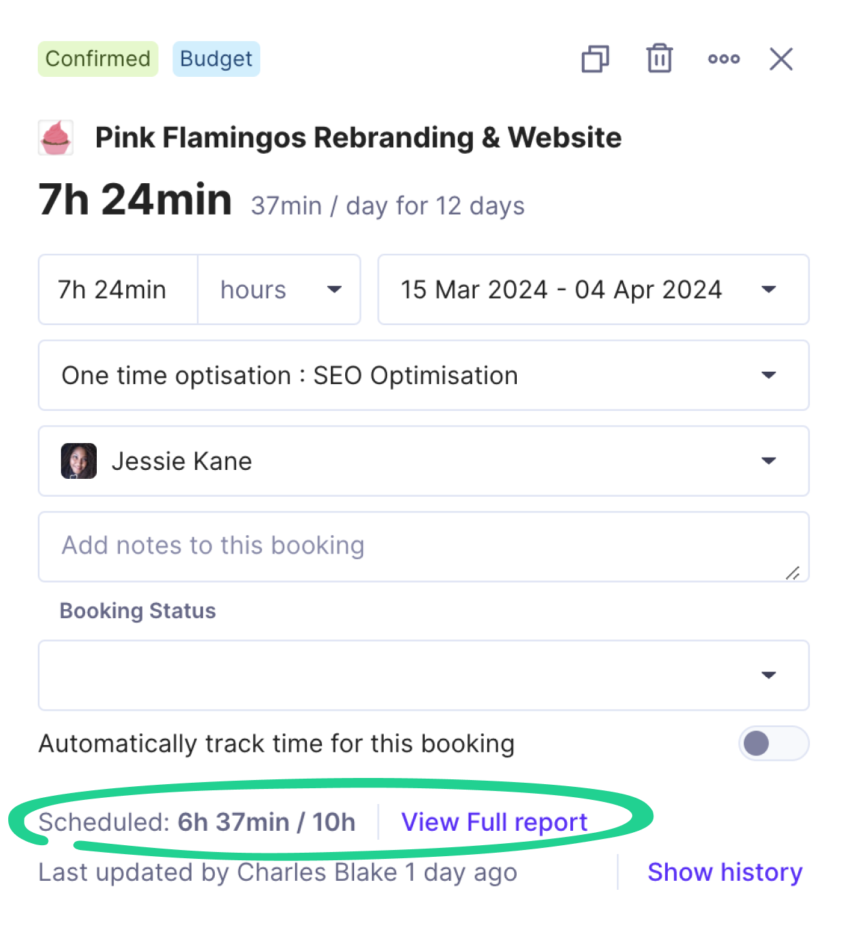Screenshot of a close-up view of a task within a capacity planning template, detailing a 7-hour and 24-minute allocation for the Pink Flamingos Rebranding & Website project, with an option to view a full report.
