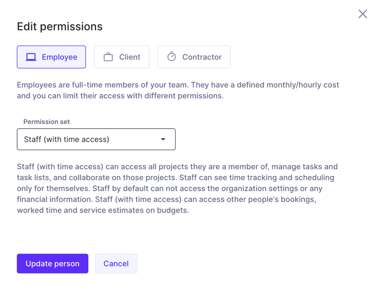 Dialog box from a capacity planning software showing 'Edit permissions' settings, with options for employee, client, and contractor, and details about staff access rights to projects and time tracking.