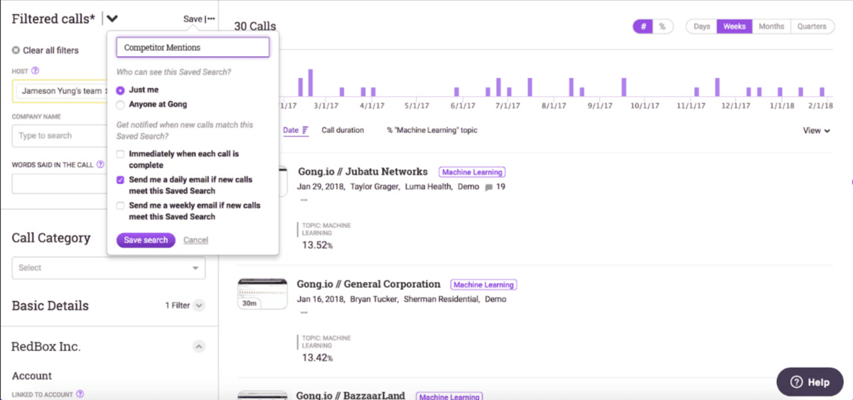 A screenshot of a revenue operations software interface showing filtered call analytics. The display includes options to save search filters, call details, call categories, and basic details. A graph depicts call duration and mentions of "Machine Learning" over time, with specific call entries listed below.