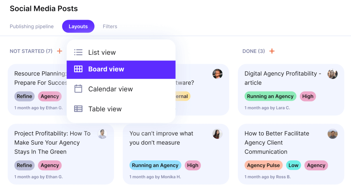 A screenshot of a revenue operations software displaying the social media posts dashboard. The interface shows a board view with posts categorized by their status: Not Started, In Progress, and Done. Options for different layouts, such as list view, calendar view, and table view, are also visible.