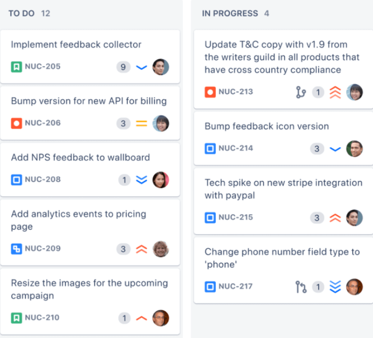 A screenshot of project management software for professional services showing tasks organized into "To Do" and "In Progress" columns. The "To Do" section lists tasks like "Implement feedback collector" and "Add analytics events to pricing page," while the "In Progress" section includes tasks such as "Update T&C copy" and "Tech spike on new Stripe integration with PayPal." Each task is labeled with an identifier, priority level, and assignee, providing a clear visual overview of task management and progress tracking for professional services teams.