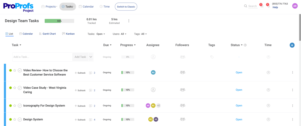 A screenshot of an AI project management software displaying a task list view for a design team, with task progress bars, due dates, assignees, and project status indicators.