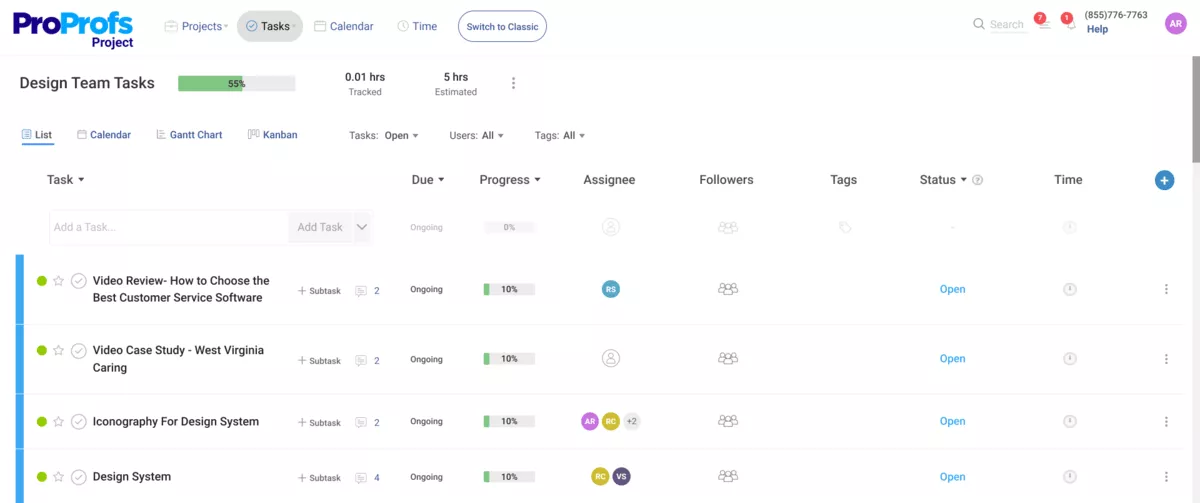A screenshot of an AI project management software displaying a task list view for a design team, with task progress bars, due dates, assignees, and project status indicators.