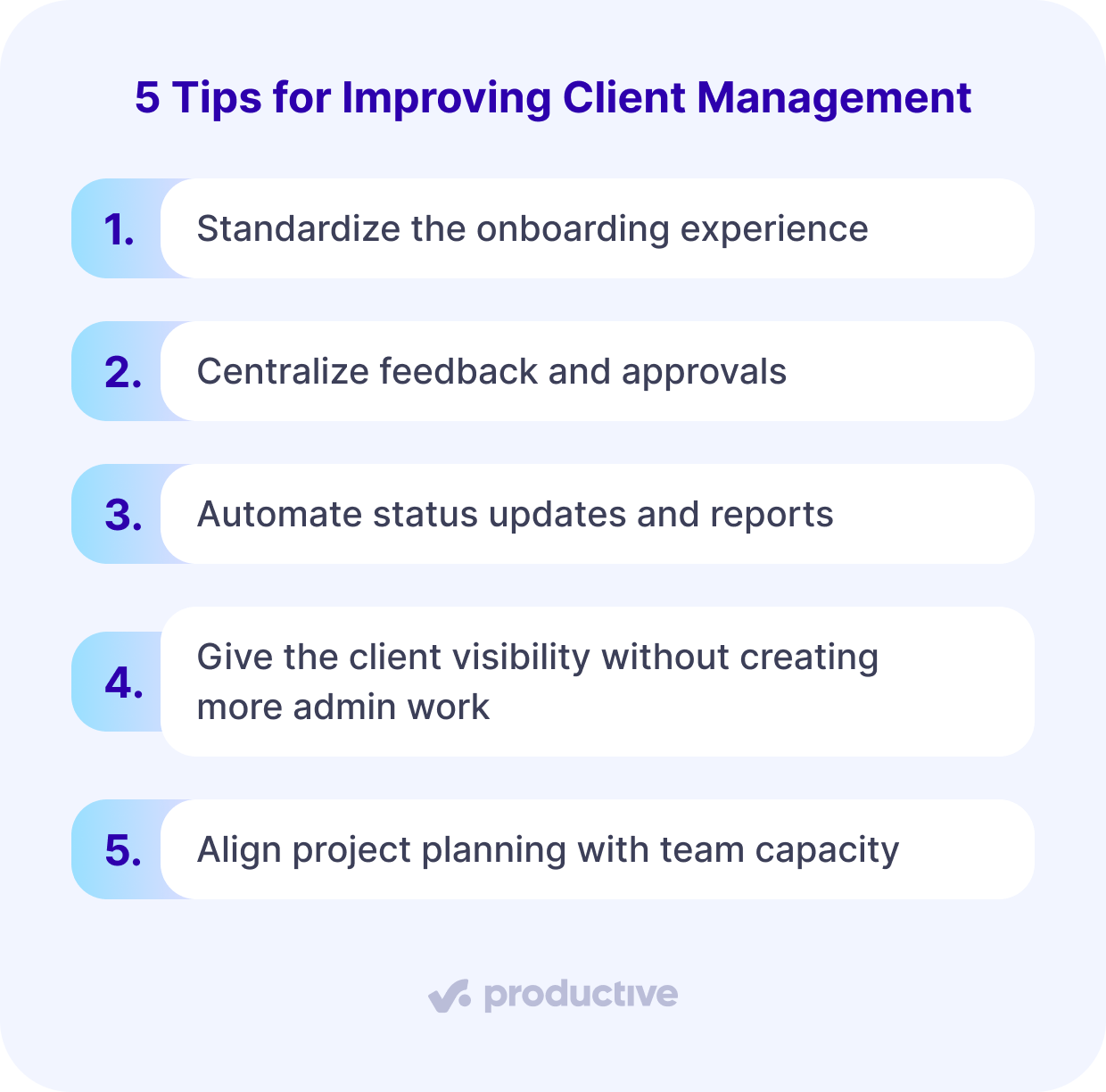 A screenshot of a project management software highlighting five tips for improving client management, such as automating reports and aligning planning with capacity.