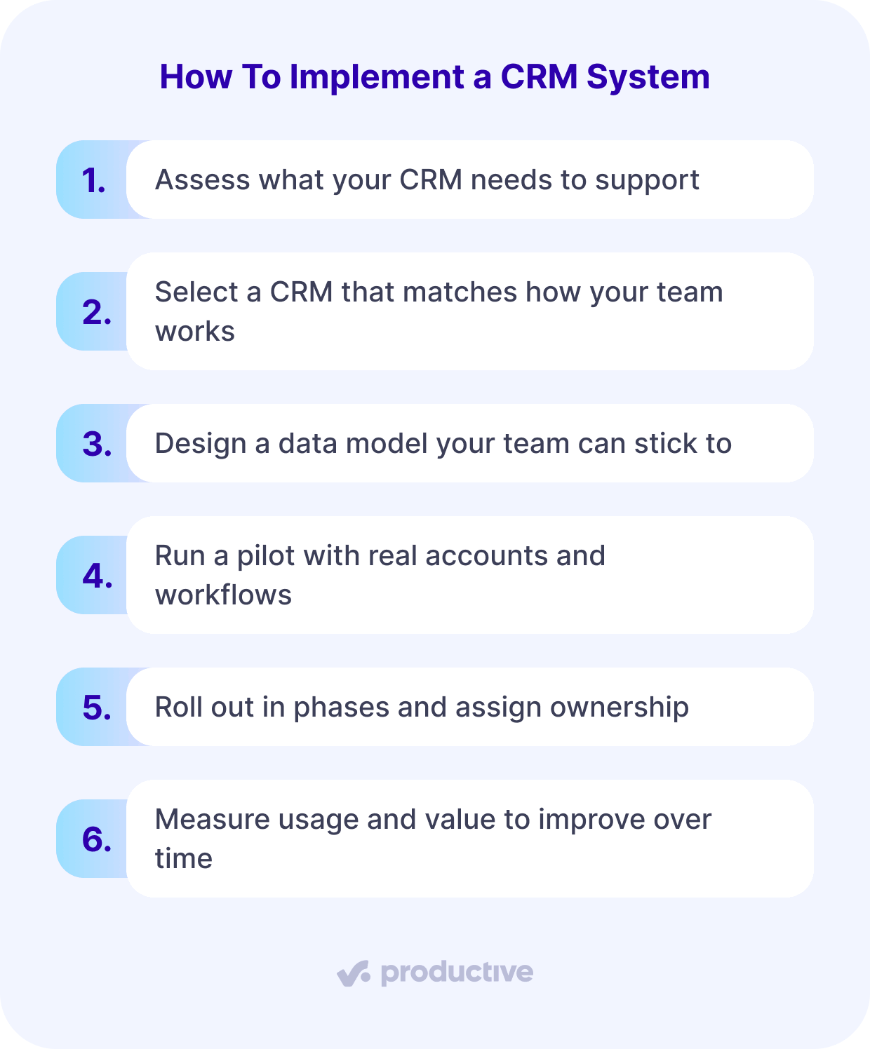 A screenshot of a project management software listing steps to implement a CRM system, providing a structured guide to enhance client relationship management practices.