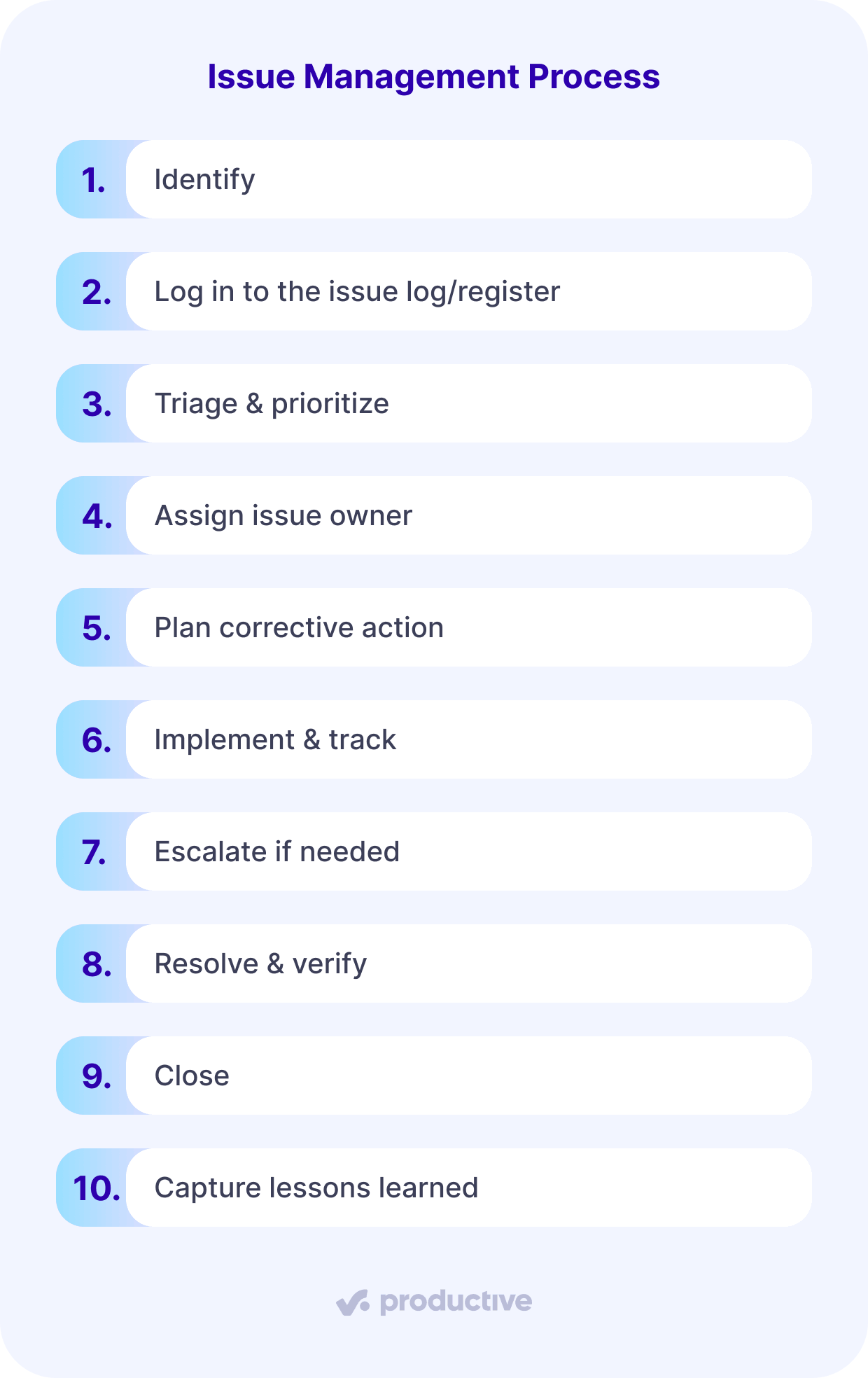 A screenshot of a project management software listing a step-by-step issue management process, including identify, triage, assign, and resolution phases for issue management project management.