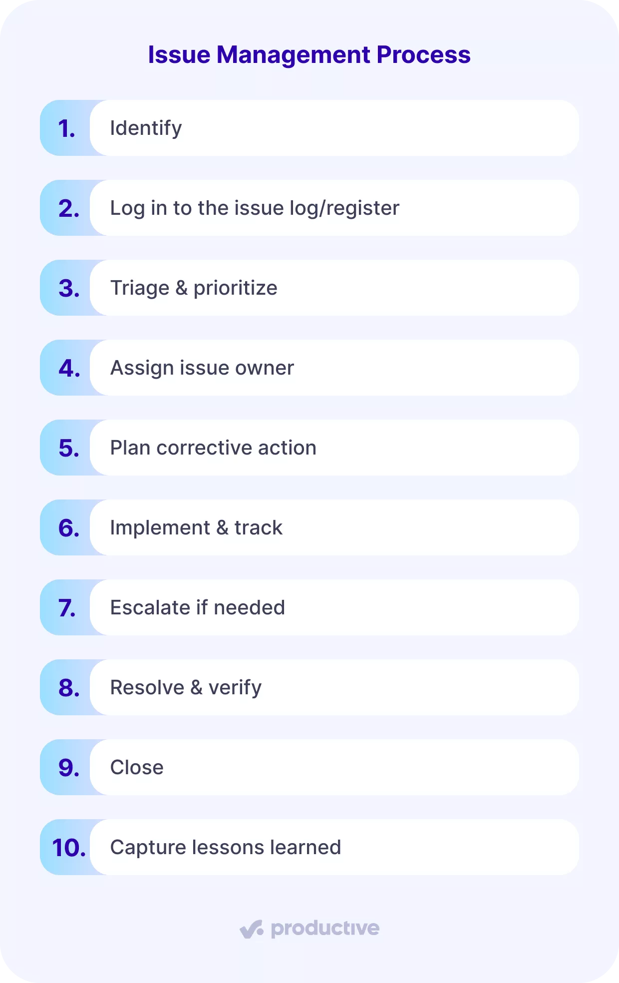 A screenshot of a project management software listing a step-by-step issue management process, including identify, triage, assign, and resolution phases for issue management project management.