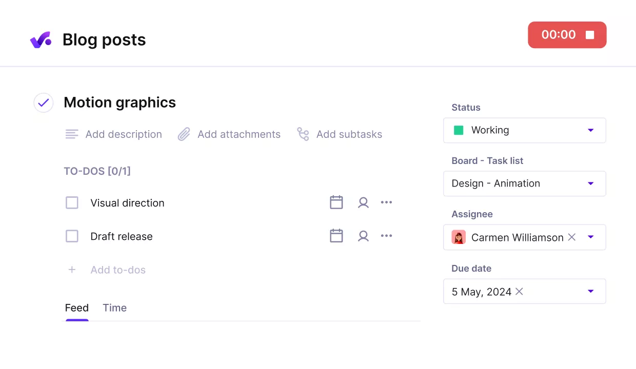 A screenshot of a project management software task window for blog post motion graphics, detailing to-dos, assignees, deadlines, and task status within an issue management project management setup.