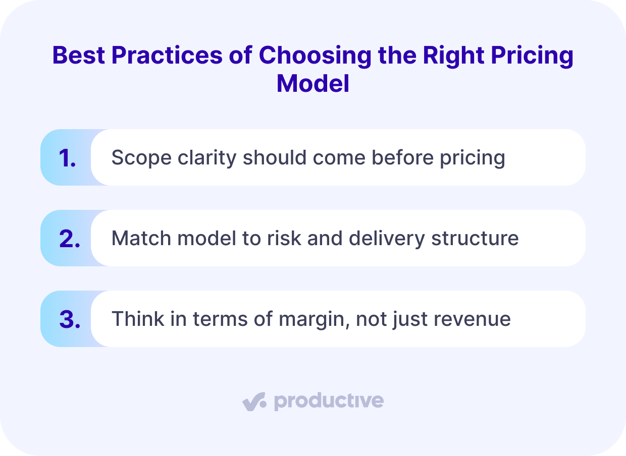 A screenshot of a project management software slide showing best practices for selecting professional services pricing models, such as scope clarity and margin thinking.