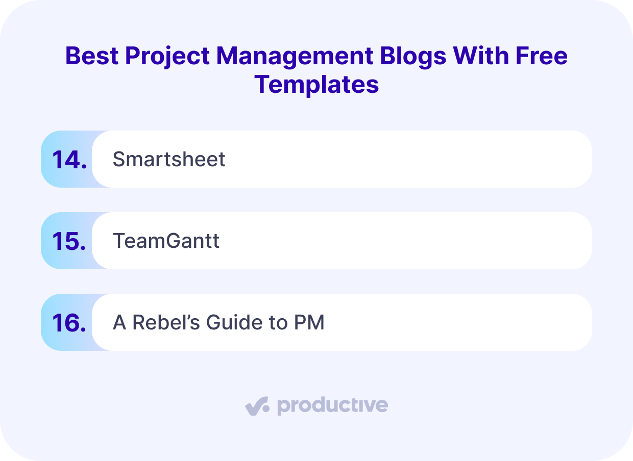 A screenshot of a project management software showcasing blogs that offer free project management templates, such as Smartsheet, TeamGantt, and A Rebel’s Guide to PM.