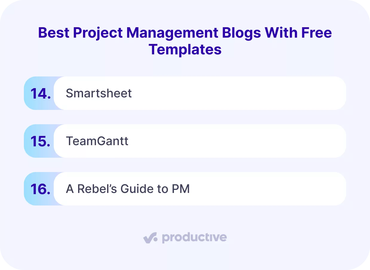 A screenshot of a project management software showcasing blogs that offer free project management templates, such as Smartsheet, TeamGantt, and A Rebel’s Guide to PM.