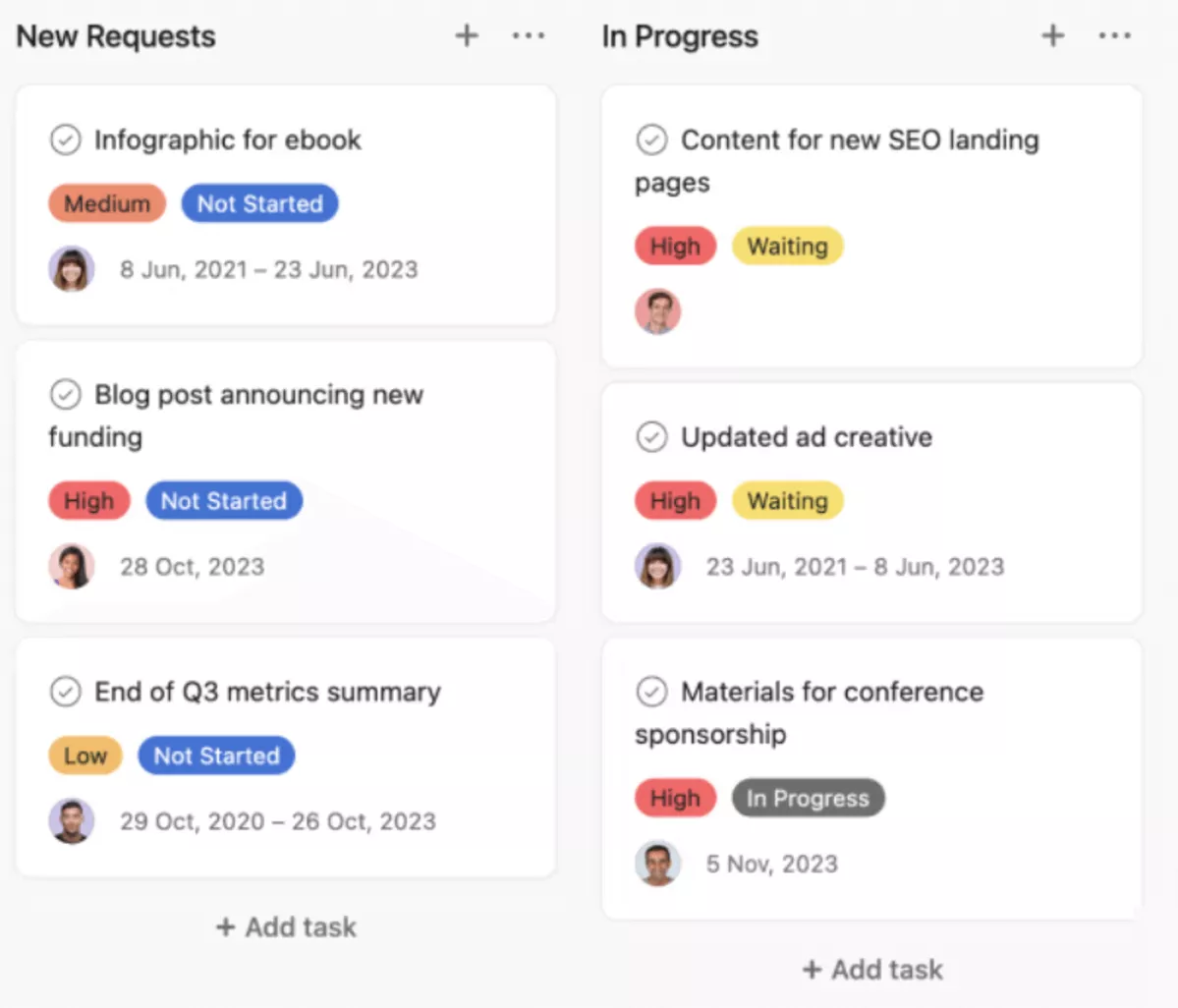 A screenshot of a project management software featuring kanban boards with cards organized under "New Requests" and "In Progress" columns, each displaying task details, priorities, and deadlines; showcasing Trello alternatives.