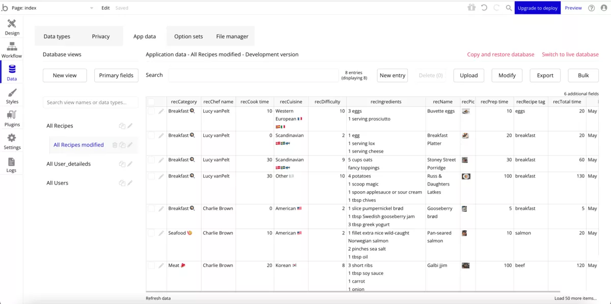 A screenshot of a project management software database interface used in a project portfolio management software, displaying structured recipe data with categories, chefs, and ingredients.