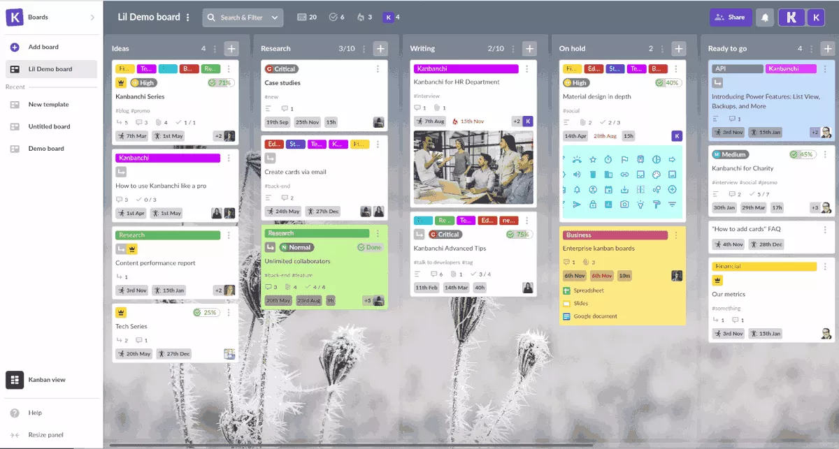 A screenshot of a kanban project management software demo board displaying multiple columns like Ideas, Research, Writing, On Hold, and Ready to Go, with color-coded task cards and detailed labels.