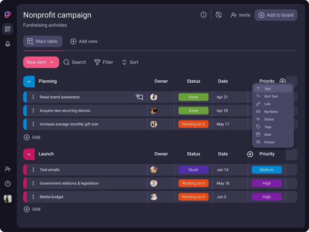 A screenshot of a project management software interface for a nonprofit campaign, showing grouped tasks by stage, assigned owners, statuses, due dates, and priority labels; an organized view for Trello alternatives.