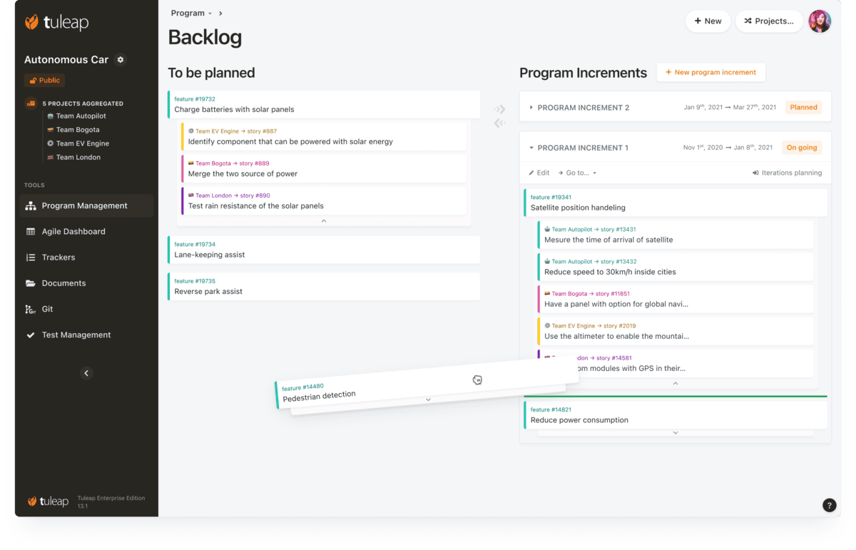 A screenshot of a project management software backlog board from Tuleap, featuring cards under “To be planned” and “Program Increments” sections, with color-coded team stories; an agile workflow tool among Trello alternatives.