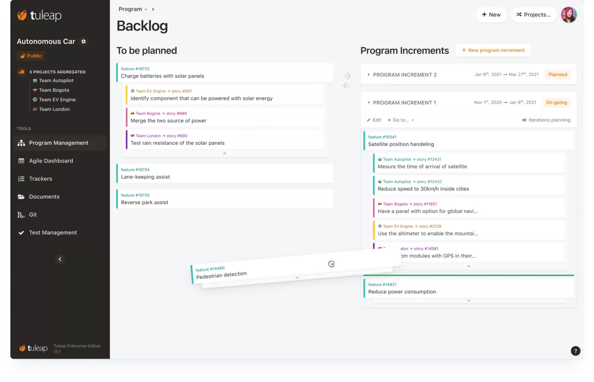 A screenshot of a project management software backlog board from Tuleap, featuring cards under “To be planned” and “Program Increments” sections, with color-coded team stories; an agile workflow tool among Trello alternatives.