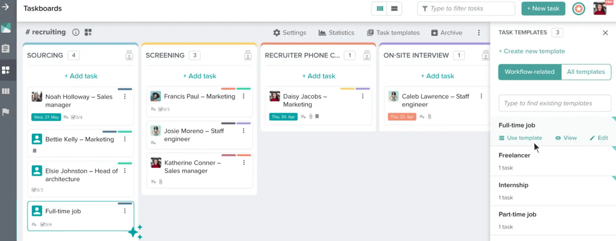 A screenshot of a recruiting workflow board in a kanban project management software, displaying task cards organized into columns like Sourcing, Screening, and Interviews with candidate names.