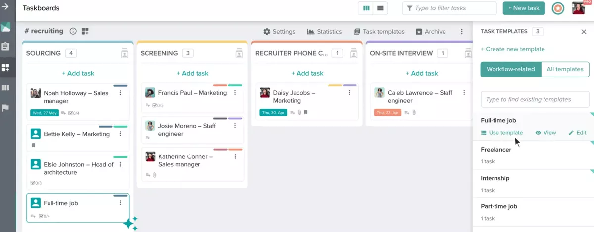 A screenshot of a recruiting workflow board in a kanban project management software, displaying task cards organized into columns like Sourcing, Screening, and Interviews with candidate names.