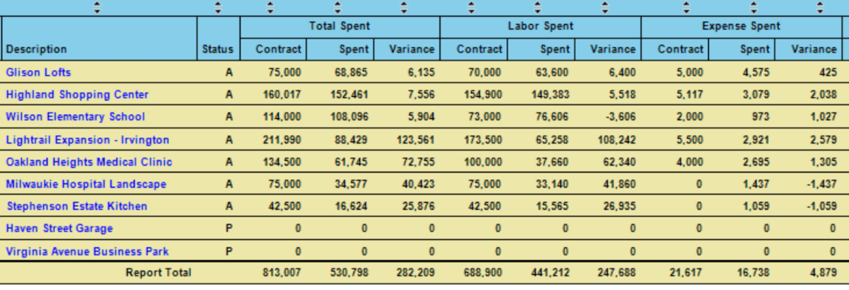 A screenshot of a financial report view in a project management software, summarizing project costs, labor, and expenses in a project portfolio management software.