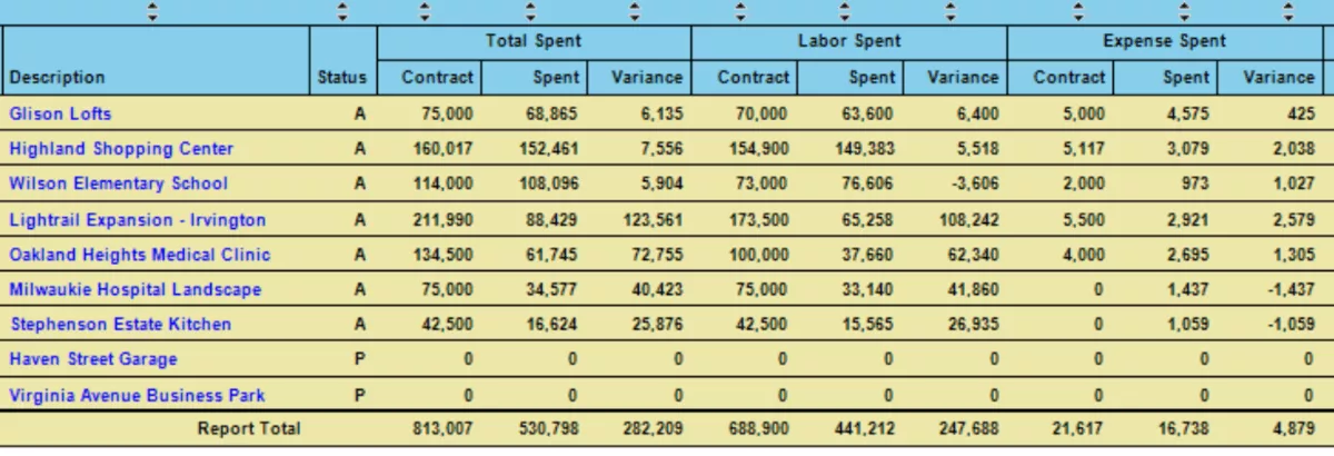 A screenshot of a financial report view in a project management software, summarizing project costs, labor, and expenses in a project portfolio management software.