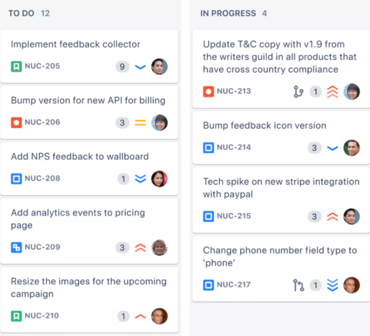 A screenshot of a Kanban board within a project management software, displaying task statuses across "To Do" and "In Progress" columns in a project portfolio management software.