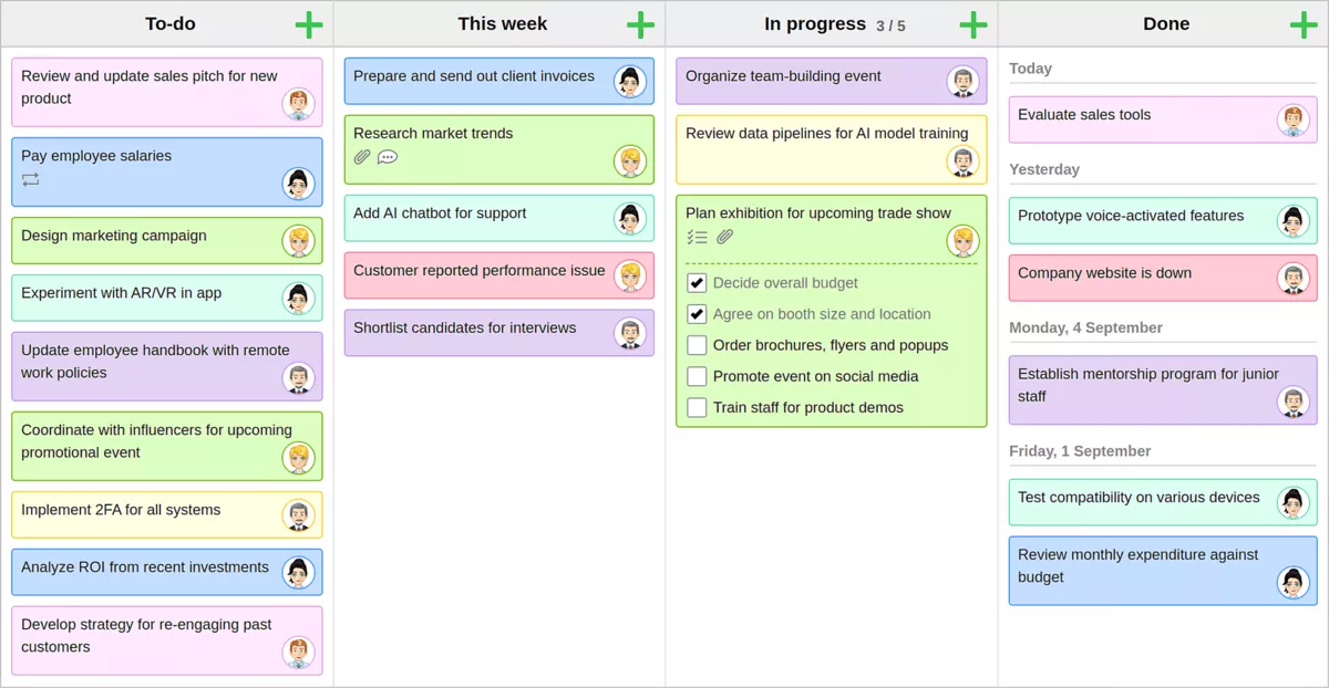 A screenshot of a project management software using a four-column kanban layout labeled "To-do," "This week," "In progress," and "Done," with colorful task cards and avatar icons; demonstrating Trello alternatives.