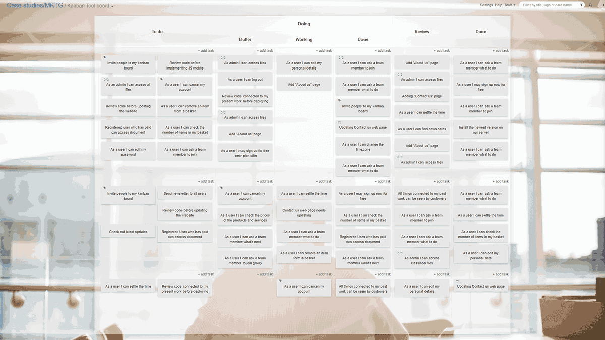 A screenshot of a project management software kanban board with multiple workflow columns including To Do, Buffer, Working, Review, and Done, featuring task cards with user stories and actions in kanban project management software.