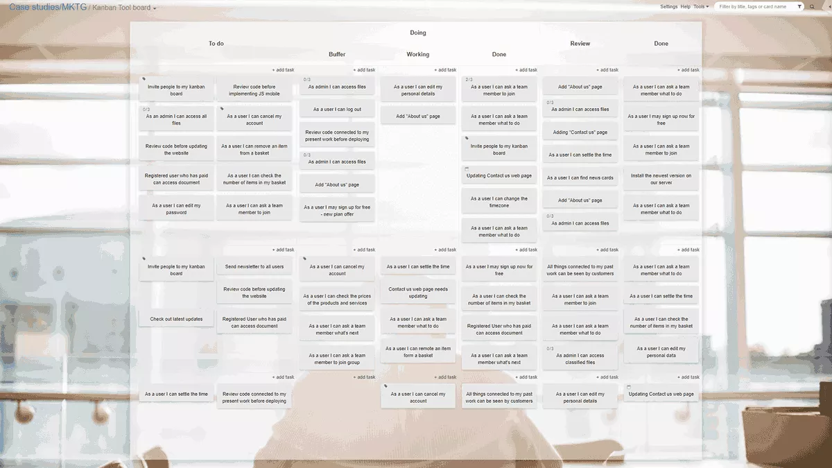 A screenshot of a project management software kanban board with multiple workflow columns including To Do, Buffer, Working, Review, and Done, featuring task cards with user stories and actions in kanban project management software.