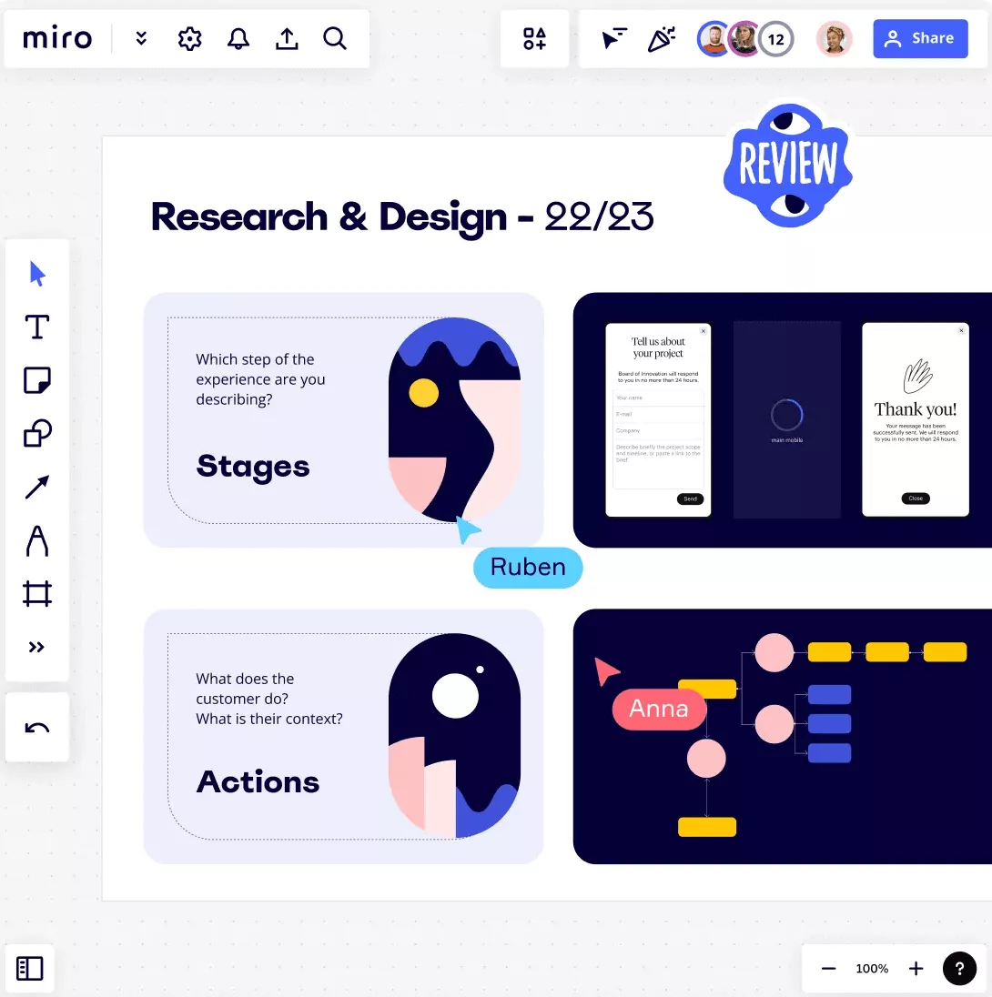 A screenshot of a project management software displaying a visual collaboration board with UI wireframes and customer journey diagrams titled "Research & Design - 22/23," integrated into gantt chart software.