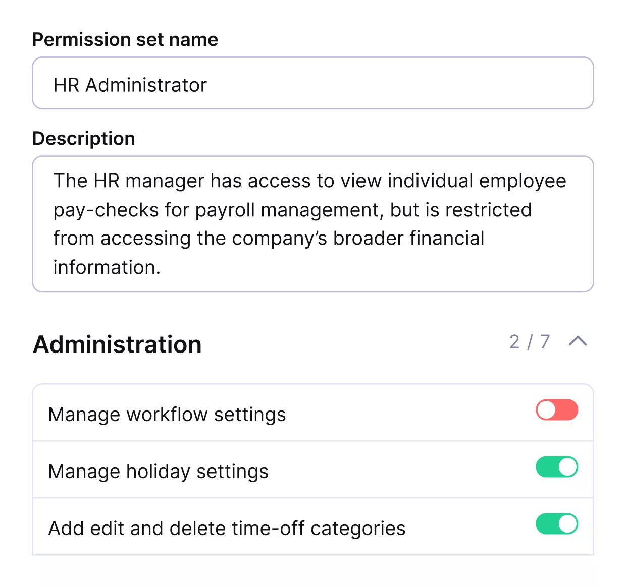 A screenshot of a project management software permissions panel, showing HR Administrator access settings with toggles for managing workflows, holidays, and time-off categories; relevant for secure Trello alternatives.