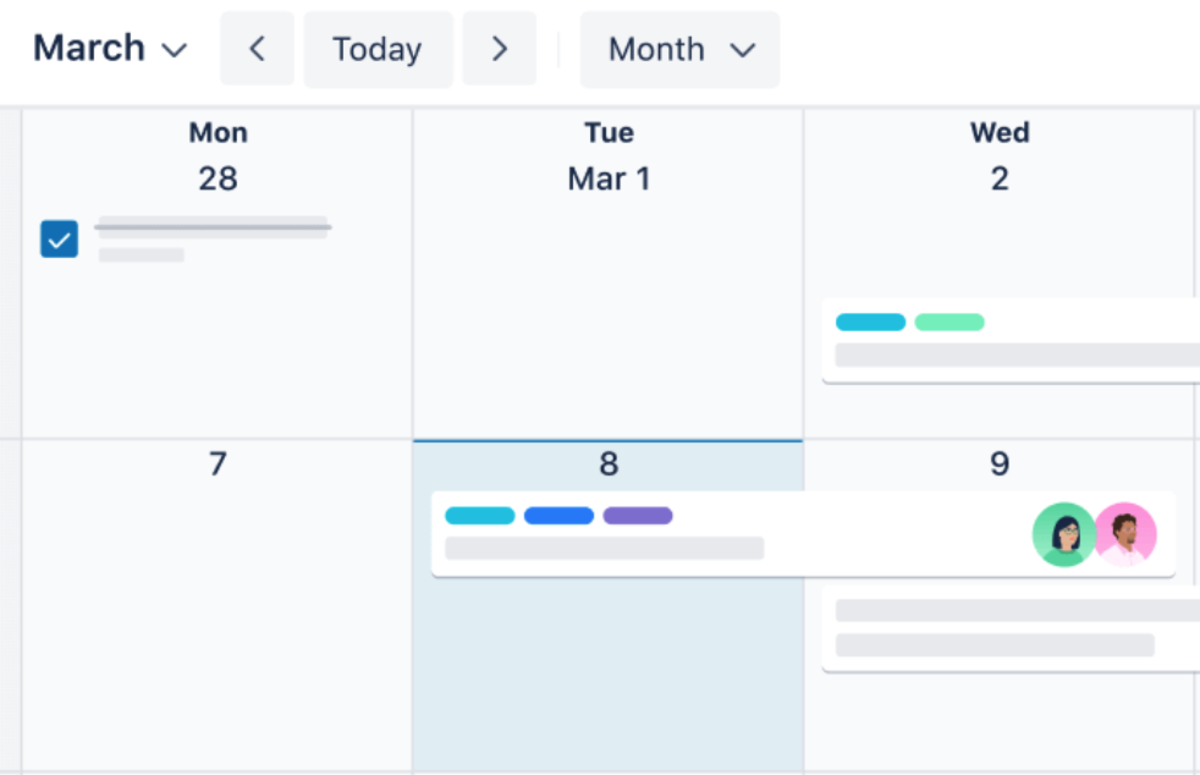 A screenshot of a calendar view in a kanban project management software showing tasks scheduled across several days, with color-coded progress bars and team member avatars.