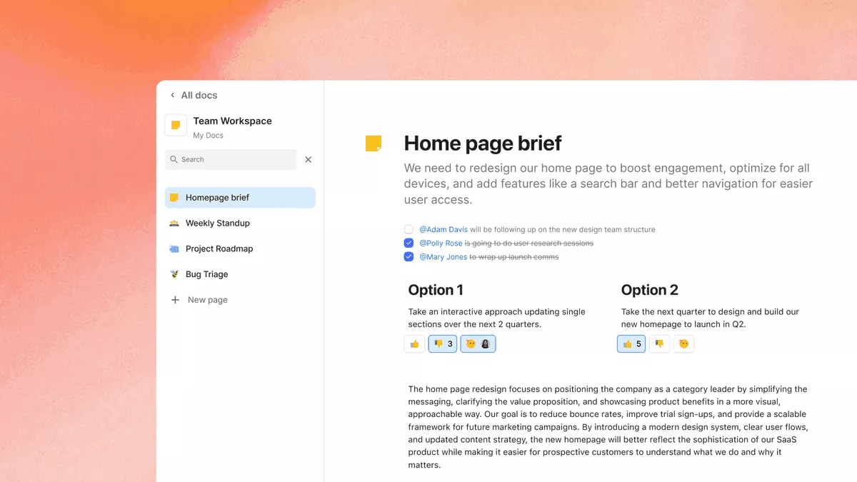 A screenshot of a project management software presenting a collaborative team workspace with a document outlining homepage redesign options and team checklists. Keyword: notion alternatives.
