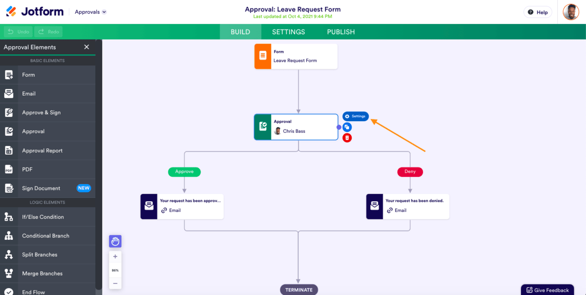 A screenshot of a project management software flowchart in Jotform showing a leave request approval process with conditional logic paths, demonstrating workflow approval software in action.