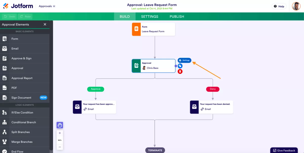 A screenshot of a project management software flowchart in Jotform showing a leave request approval process with conditional logic paths, demonstrating workflow approval software in action.