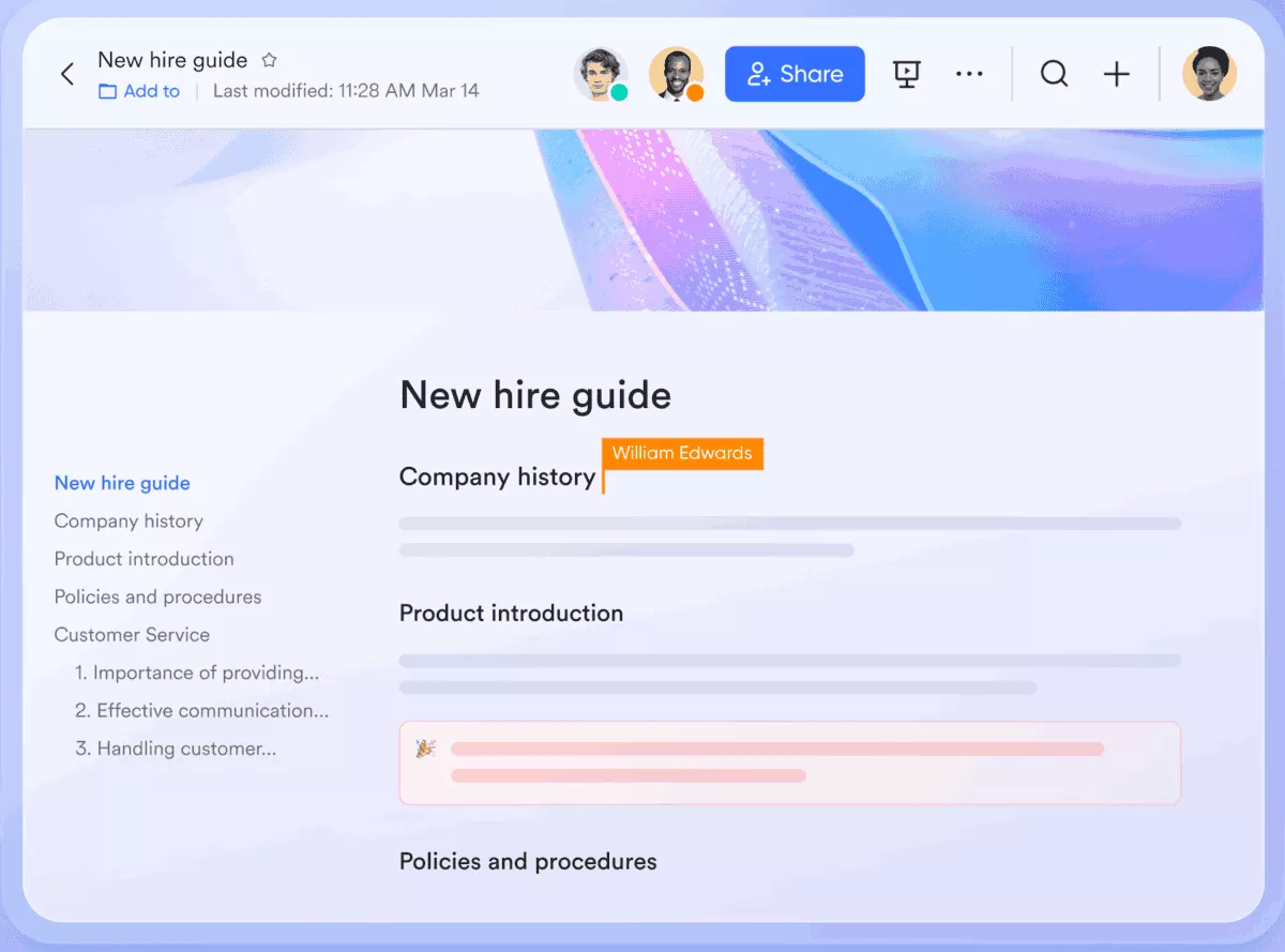 A screenshot of a project management software document editor titled "New hire guide" showing shared editing access and company onboarding sections, part of a workflow approval software system.