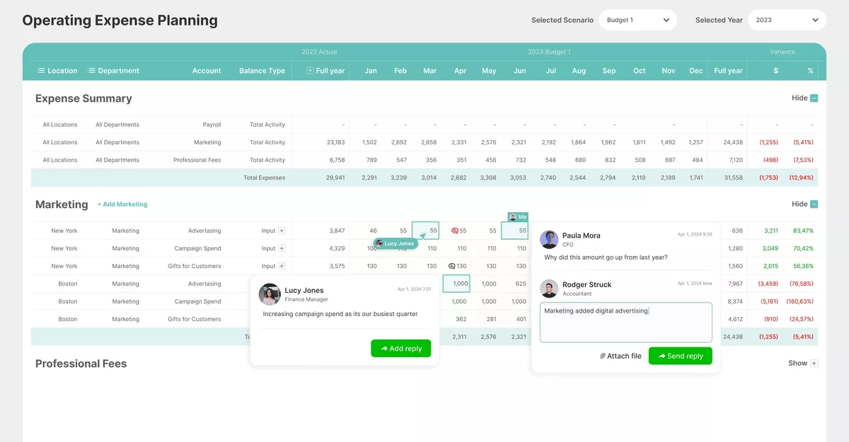 A screenshot of a project management software platform used for operating expense planning, featuring a detailed marketing budget breakdown and real-time team comments, in financial modeling software.