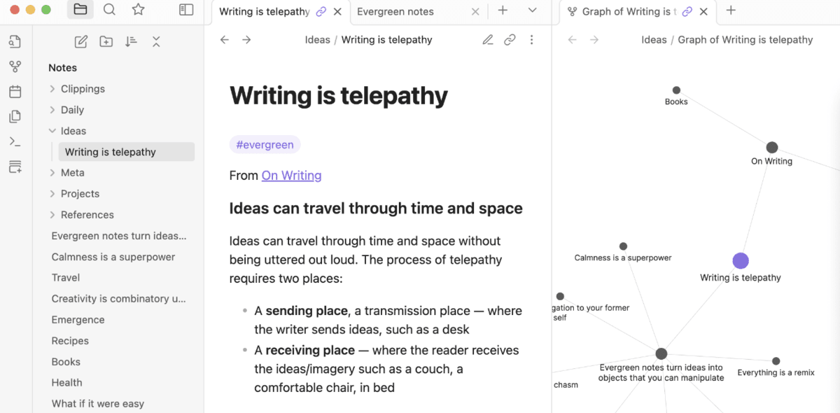 A screenshot of a project management software featuring a knowledge management workspace with linked note-taking, tag organization, and a graph view of connected ideas. Keyword: notion alternatives.